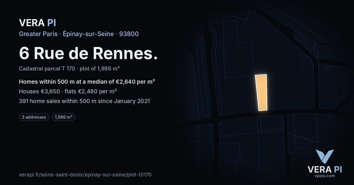 6 Rue de Rennes, Épinay-sur-Seine at night – the plot lit, the parcels around coloured by the prices near them