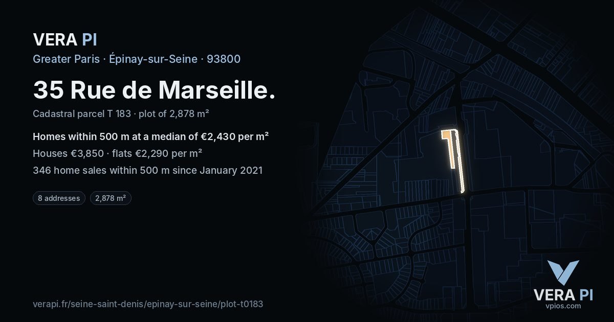 35 Rue de Marseille, Épinay-sur-Seine at night – the plot lit, the parcels around coloured by the prices near them