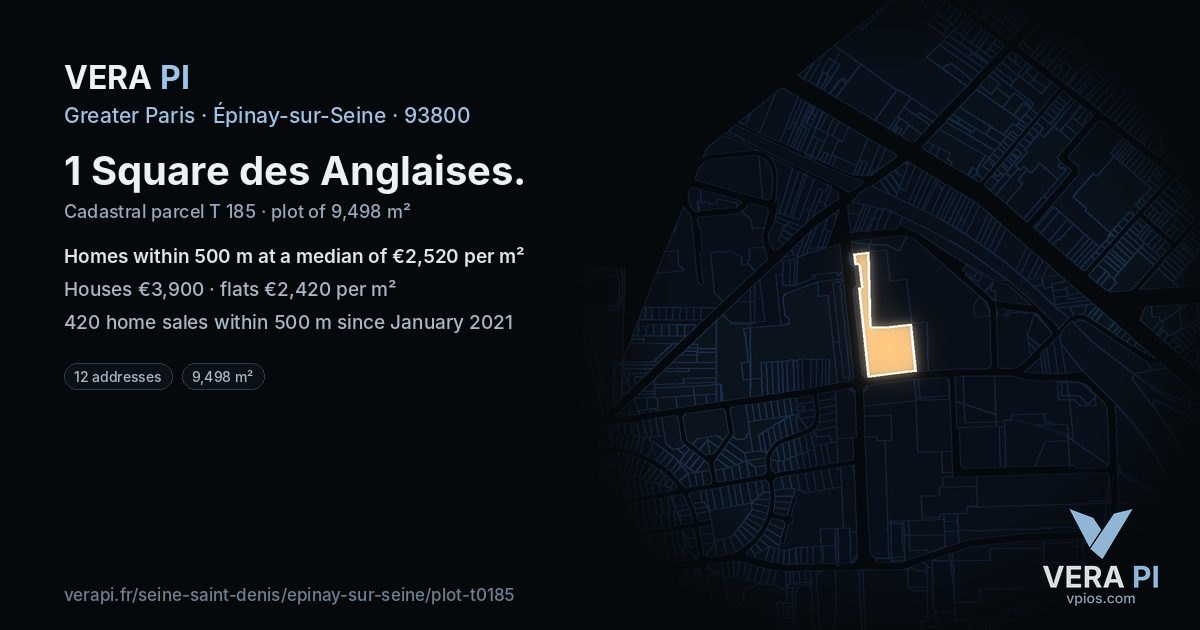 1 Square des Anglaises, Épinay-sur-Seine at night – the plot lit, the parcels around coloured by the prices near them