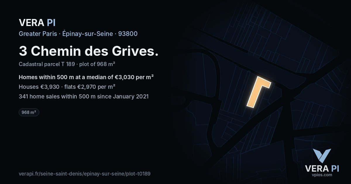 3 Chemin des Grives, Épinay-sur-Seine at night – the plot lit, the parcels around coloured by the prices near them
