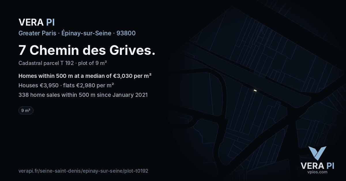 7 Chemin des Grives, Épinay-sur-Seine at night – the plot lit, the parcels around coloured by the prices near them