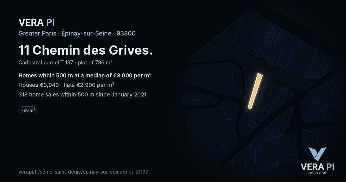 11 Chemin des Grives, Épinay-sur-Seine at night – the plot lit, the parcels around coloured by the prices near them
