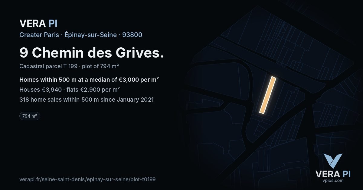 9 Chemin des Grives, Épinay-sur-Seine at night – the plot lit, the parcels around coloured by the prices near them
