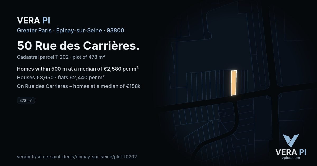 50 Rue des Carrières, Épinay-sur-Seine at night – the plot lit, the parcels around coloured by the prices near them