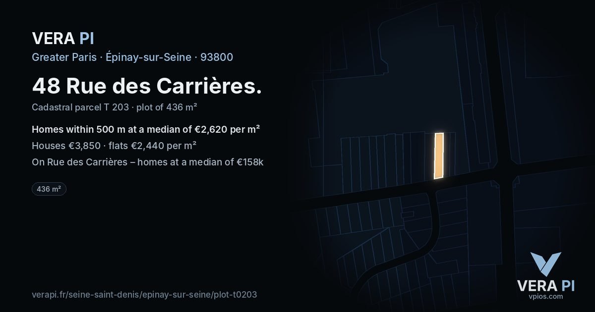 48 Rue des Carrières, Épinay-sur-Seine at night – the plot lit, the parcels around coloured by the prices near them