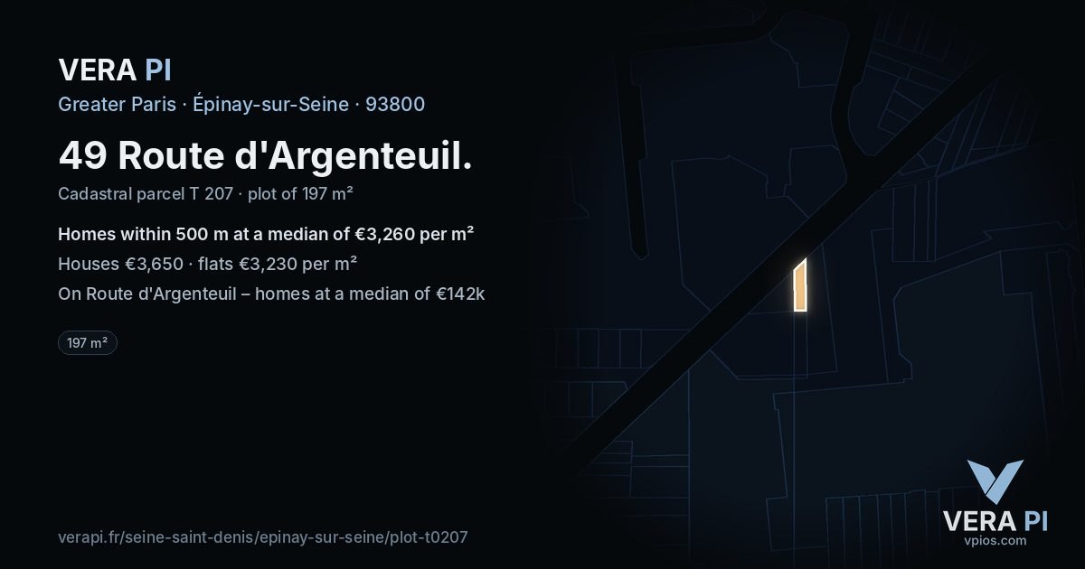 49 Route d'Argenteuil, Épinay-sur-Seine at night – the plot lit, the parcels around coloured by the prices near them