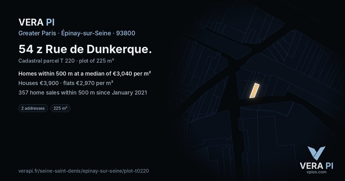 54 z Rue de Dunkerque, Épinay-sur-Seine at night – the plot lit, the parcels around coloured by the prices near them