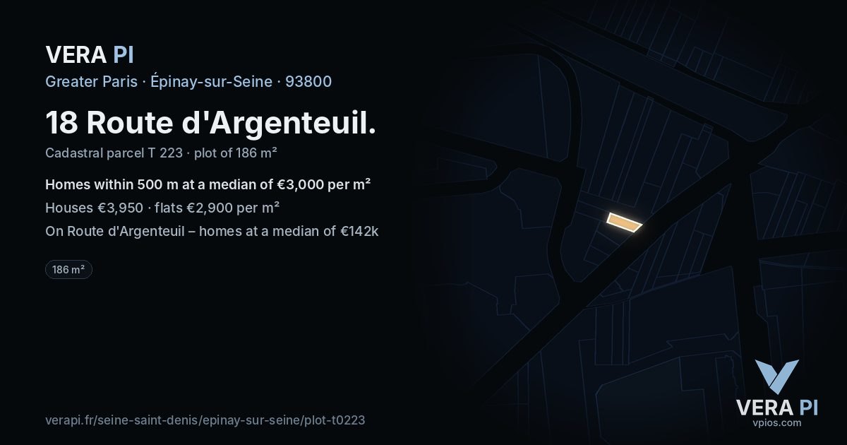 18 Route d'Argenteuil, Épinay-sur-Seine at night – the plot lit, the parcels around coloured by the prices near them