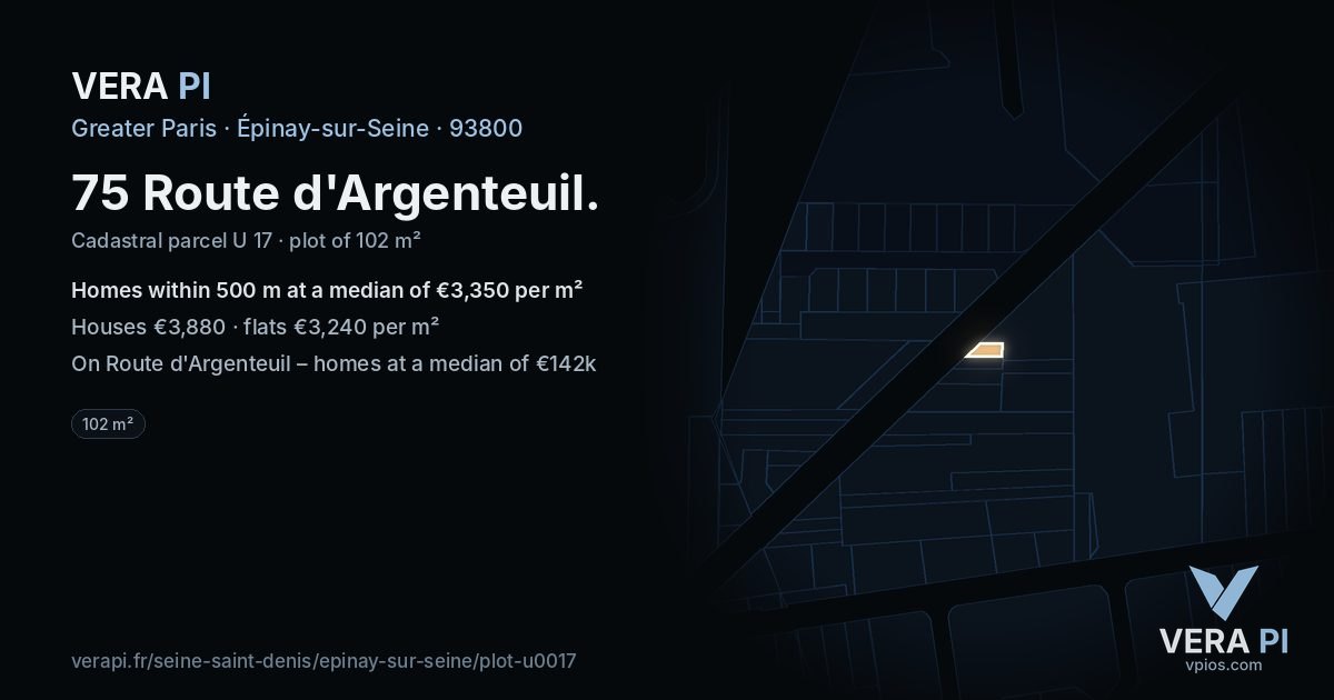 75 Route d'Argenteuil, Épinay-sur-Seine at night – the plot lit, the parcels around coloured by the prices near them