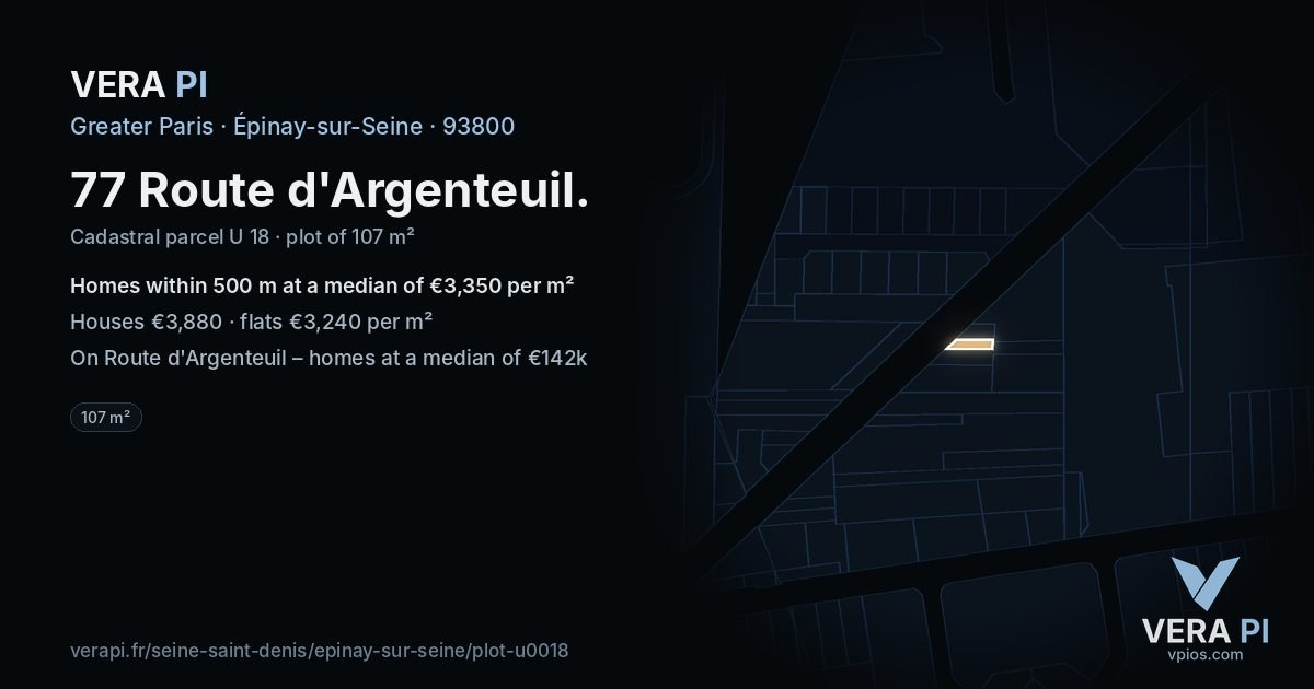 77 Route d'Argenteuil, Épinay-sur-Seine at night – the plot lit, the parcels around coloured by the prices near them