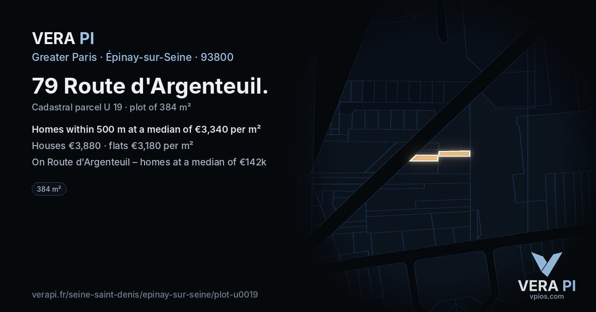 79 Route d'Argenteuil, Épinay-sur-Seine at night – the plot lit, the parcels around coloured by the prices near them