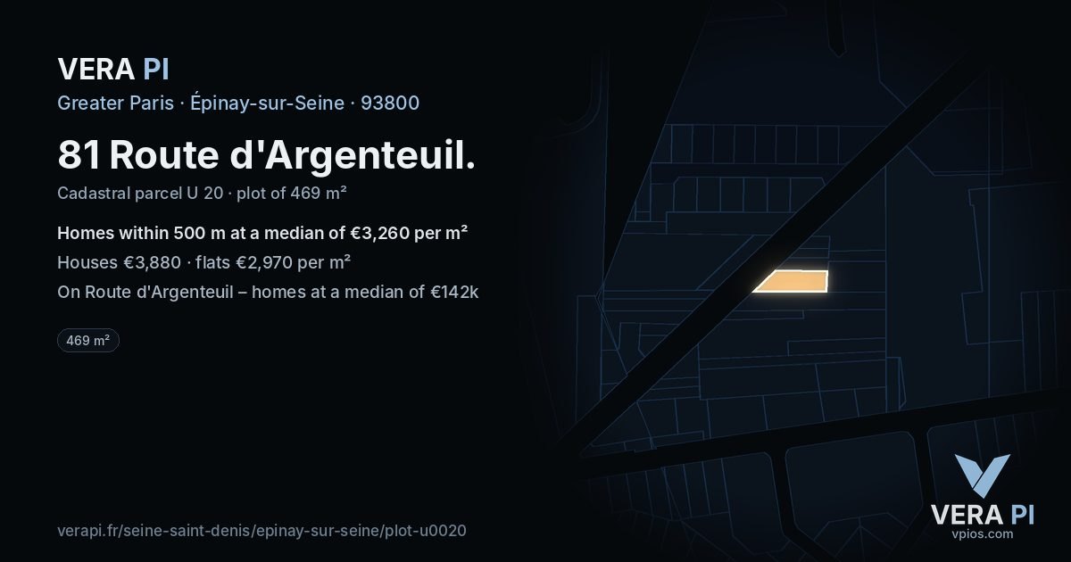 81 Route d'Argenteuil, Épinay-sur-Seine at night – the plot lit, the parcels around coloured by the prices near them