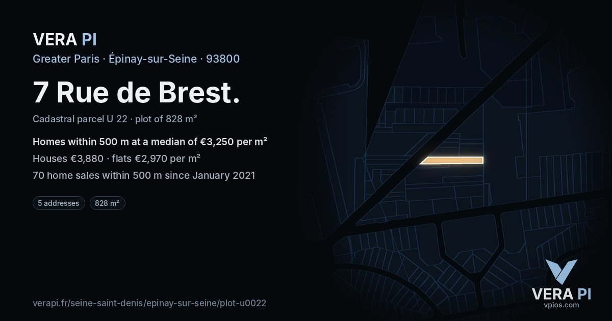 7 Rue de Brest, Épinay-sur-Seine at night – the plot lit, the parcels around coloured by the prices near them