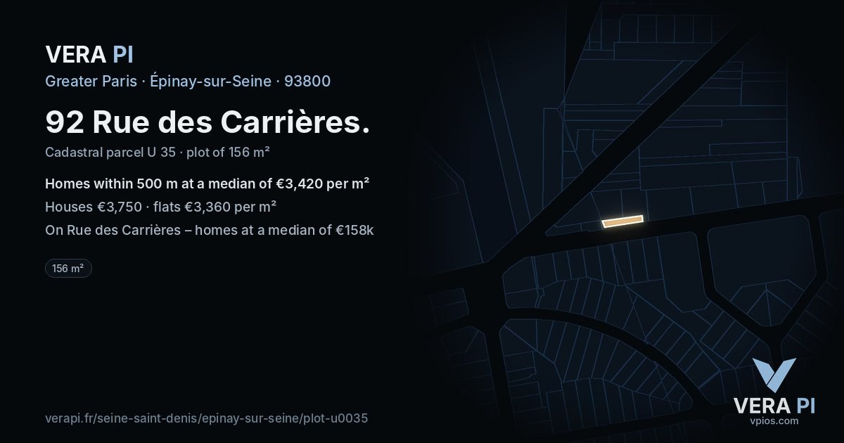 92 Rue des Carrières, Épinay-sur-Seine at night – the plot lit, the parcels around coloured by the prices near them