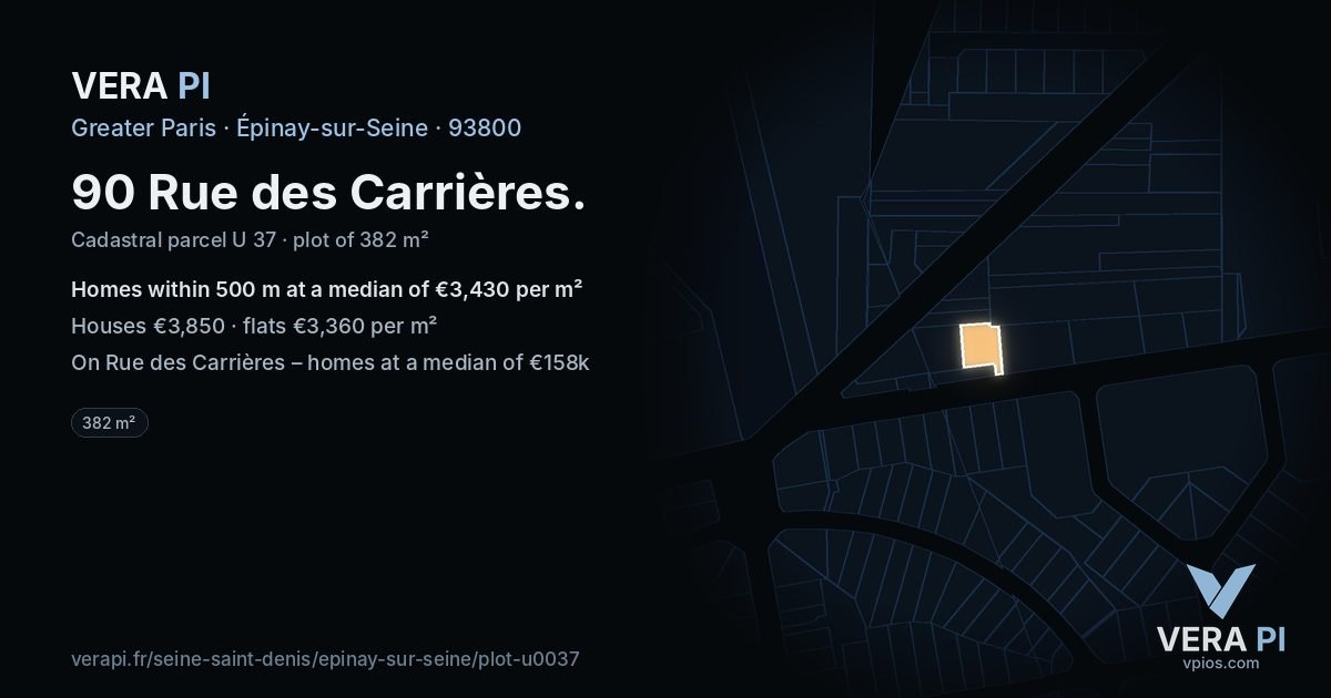 90 Rue des Carrières, Épinay-sur-Seine at night – the plot lit, the parcels around coloured by the prices near them