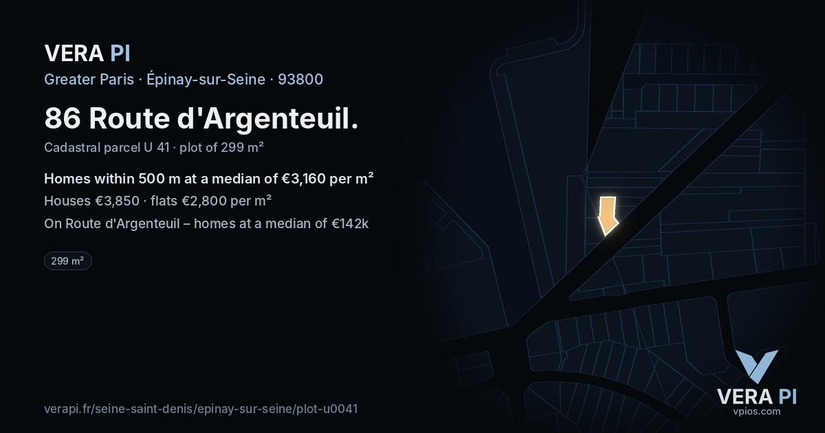 86 Route d'Argenteuil, Épinay-sur-Seine at night – the plot lit, the parcels around coloured by the prices near them