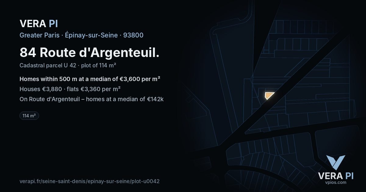 84 Route d'Argenteuil, Épinay-sur-Seine at night – the plot lit, the parcels around coloured by the prices near them