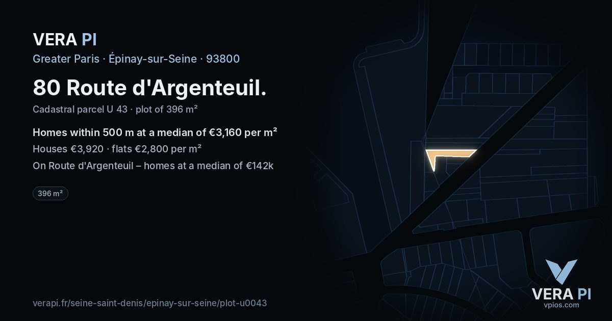 80 Route d'Argenteuil, Épinay-sur-Seine at night – the plot lit, the parcels around coloured by the prices near them