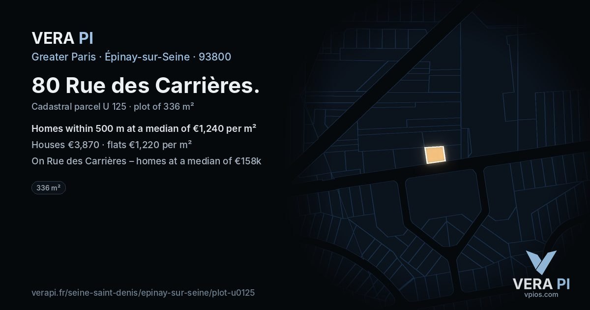 80 Rue des Carrières, Épinay-sur-Seine at night – the plot lit, the parcels around coloured by the prices near them