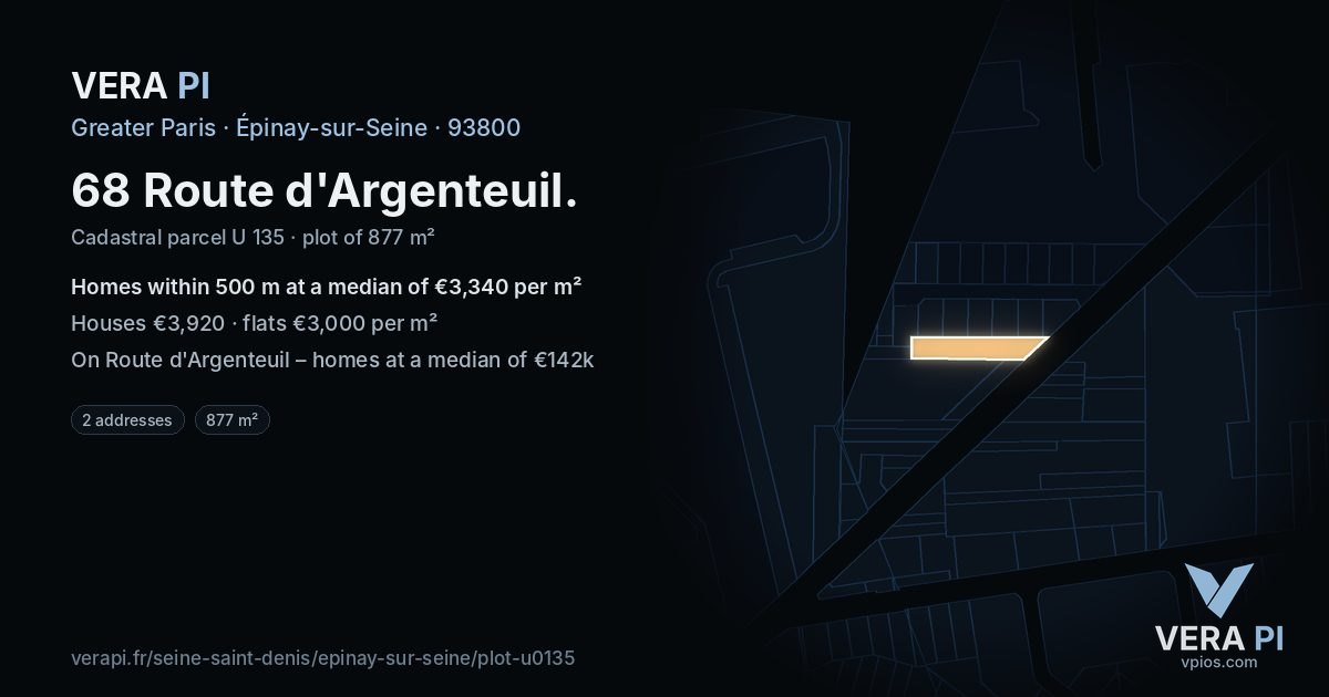 68 Route d'Argenteuil, Épinay-sur-Seine at night – the plot lit, the parcels around coloured by the prices near them