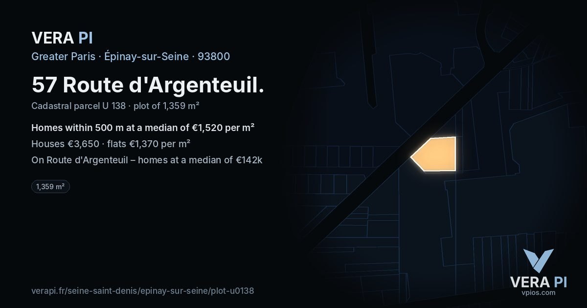 57 Route d'Argenteuil, Épinay-sur-Seine at night – the plot lit, the parcels around coloured by the prices near them