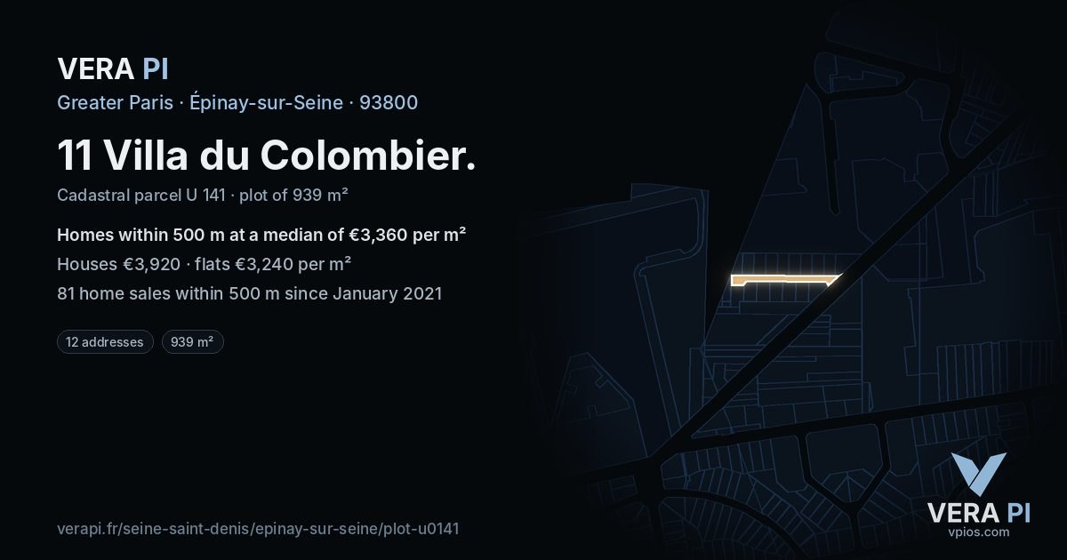 11 Villa du Colombier, Épinay-sur-Seine at night – the plot lit, the parcels around coloured by the prices near them