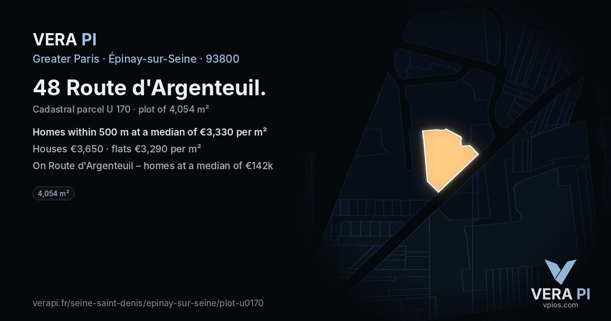48 Route d'Argenteuil, Épinay-sur-Seine at night – the plot lit, the parcels around coloured by the prices near them
