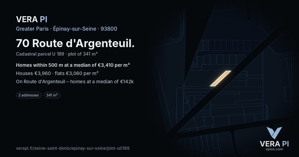 70 Route d'Argenteuil, Épinay-sur-Seine at night – the plot lit, the parcels around coloured by the prices near them