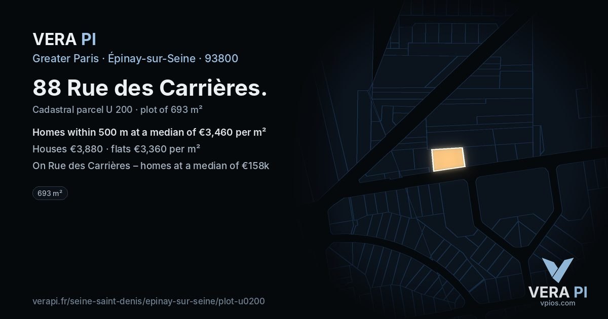 88 Rue des Carrières, Épinay-sur-Seine at night – the plot lit, the parcels around coloured by the prices near them