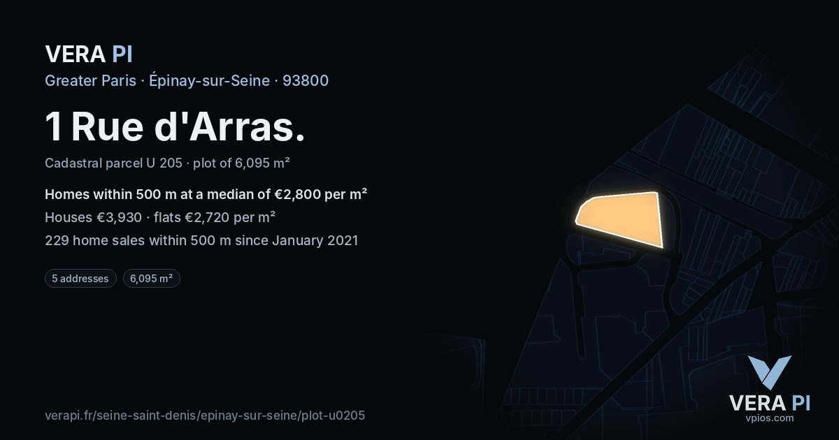 1 Rue d'Arras, Épinay-sur-Seine at night – the plot lit, the parcels around coloured by the prices near them