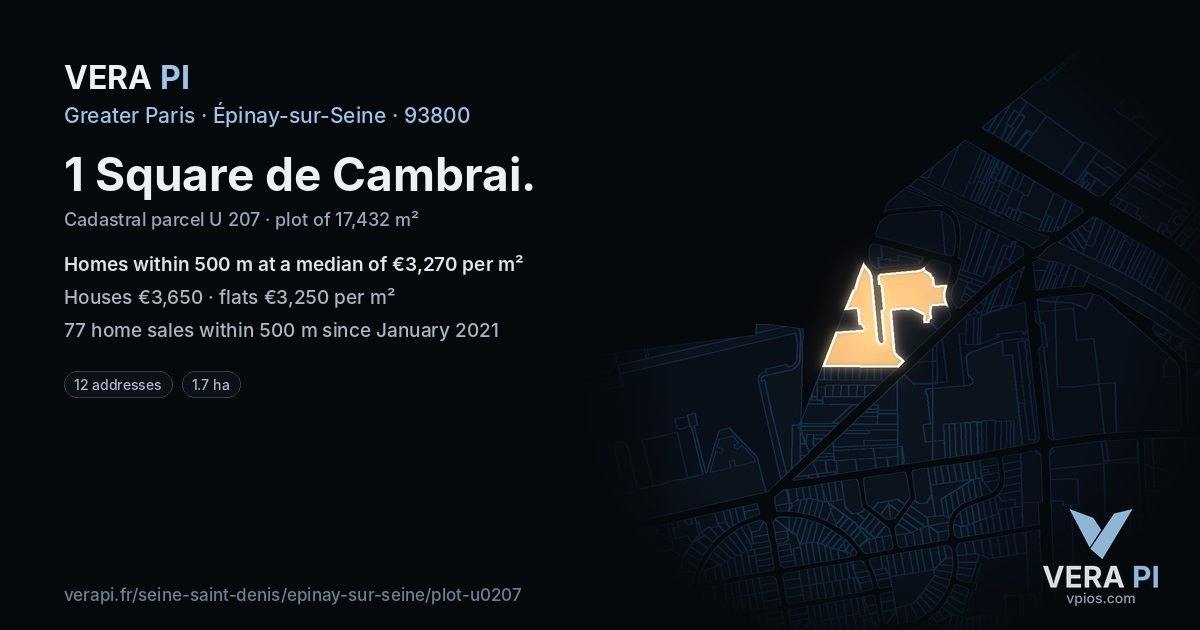 1 Square de Cambrai, Épinay-sur-Seine at night – the plot lit, the parcels around coloured by the prices near them