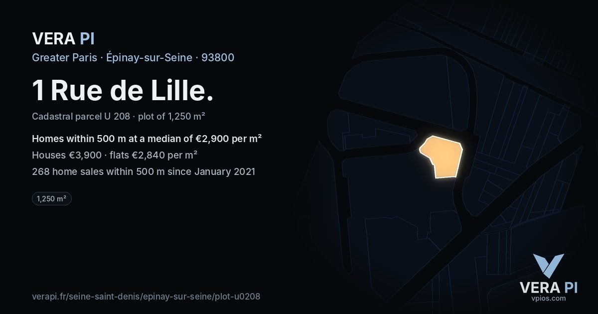 1 Rue de Lille, Épinay-sur-Seine at night – the plot lit, the parcels around coloured by the prices near them