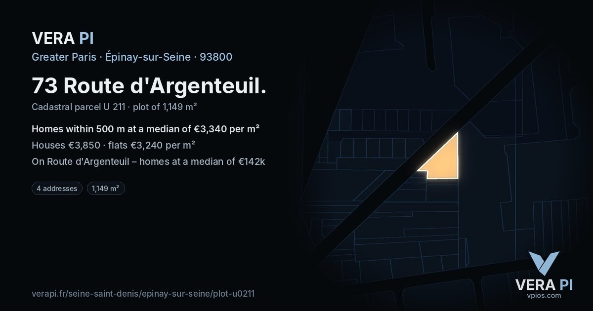 73 Route d'Argenteuil, Épinay-sur-Seine at night – the plot lit, the parcels around coloured by the prices near them