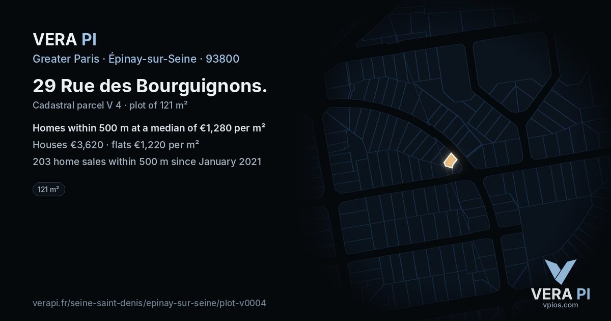 29 Rue des Bourguignons, Épinay-sur-Seine at night – the plot lit, the parcels around coloured by the prices near them