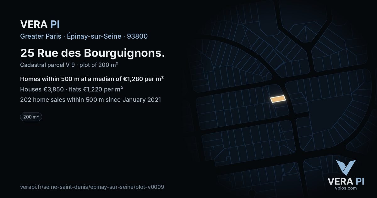 25 Rue des Bourguignons, Épinay-sur-Seine at night – the plot lit, the parcels around coloured by the prices near them