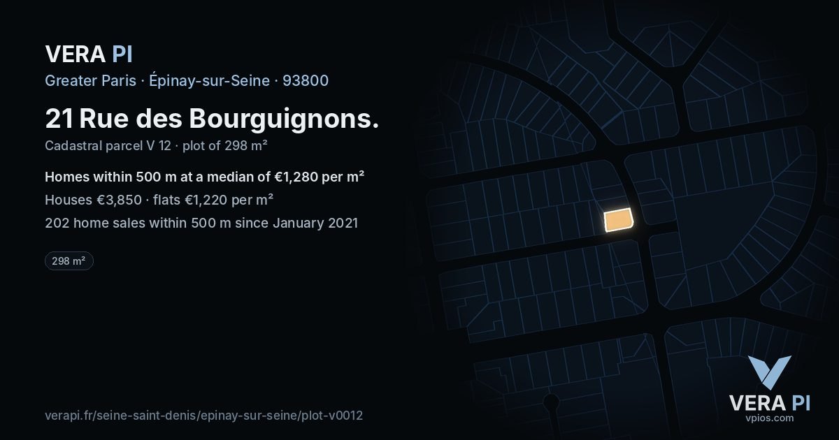 21 Rue des Bourguignons, Épinay-sur-Seine at night – the plot lit, the parcels around coloured by the prices near them