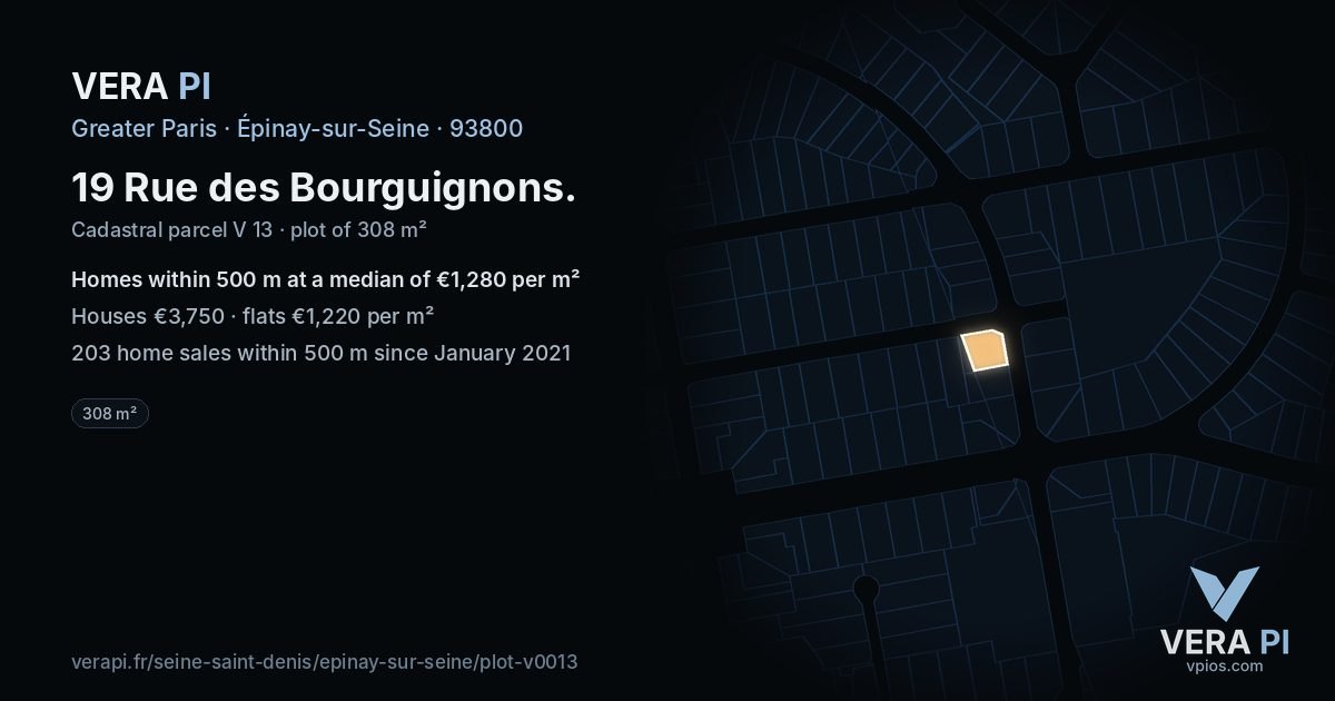 19 Rue des Bourguignons, Épinay-sur-Seine at night – the plot lit, the parcels around coloured by the prices near them
