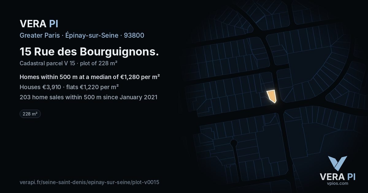 15 Rue des Bourguignons, Épinay-sur-Seine at night – the plot lit, the parcels around coloured by the prices near them
