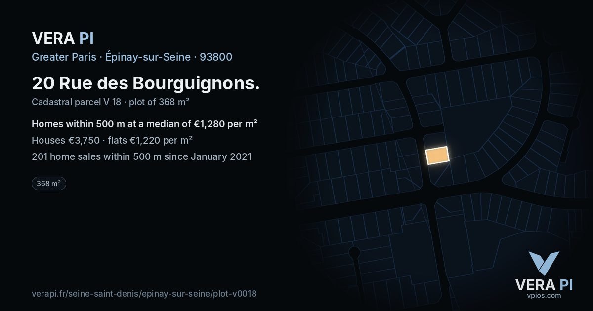 20 Rue des Bourguignons, Épinay-sur-Seine at night – the plot lit, the parcels around coloured by the prices near them