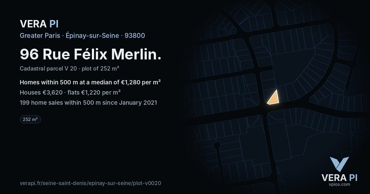 96 Rue Félix Merlin, Épinay-sur-Seine at night – the plot lit, the parcels around coloured by the prices near them