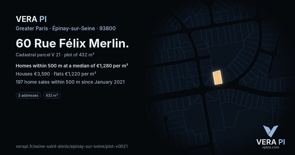 60 Rue Félix Merlin, Épinay-sur-Seine at night – the plot lit, the parcels around coloured by the prices near them