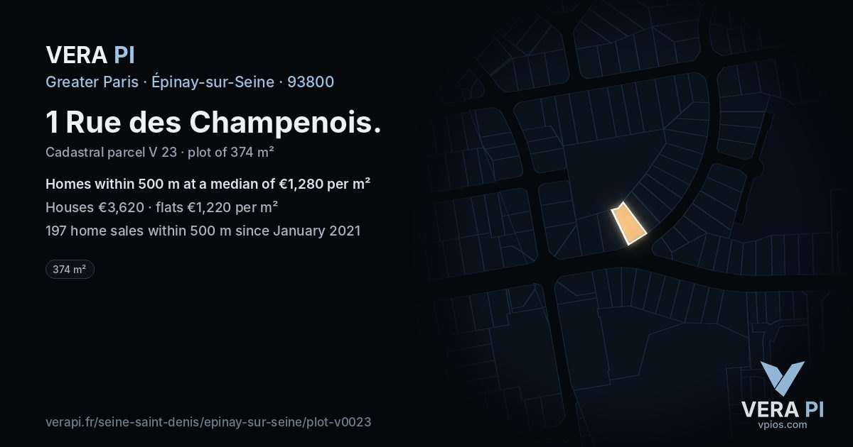 1 Rue des Champenois, Épinay-sur-Seine at night – the plot lit, the parcels around coloured by the prices near them