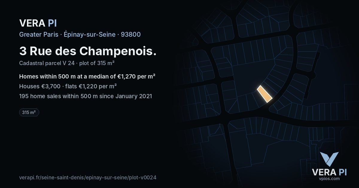 3 Rue des Champenois, Épinay-sur-Seine at night – the plot lit, the parcels around coloured by the prices near them