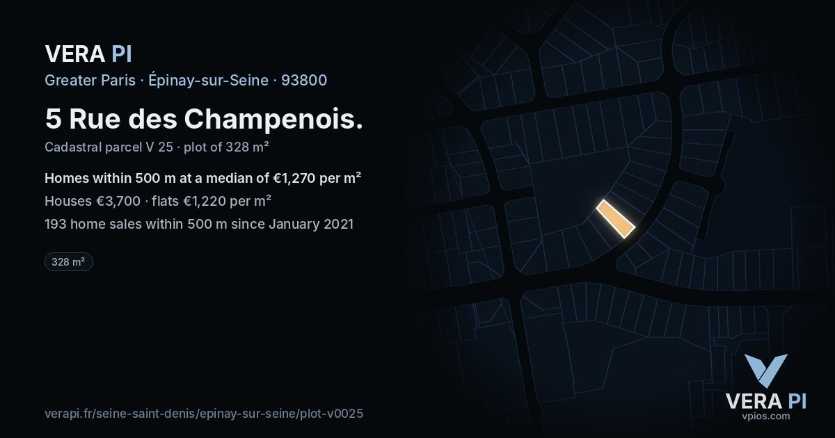 5 Rue des Champenois, Épinay-sur-Seine at night – the plot lit, the parcels around coloured by the prices near them