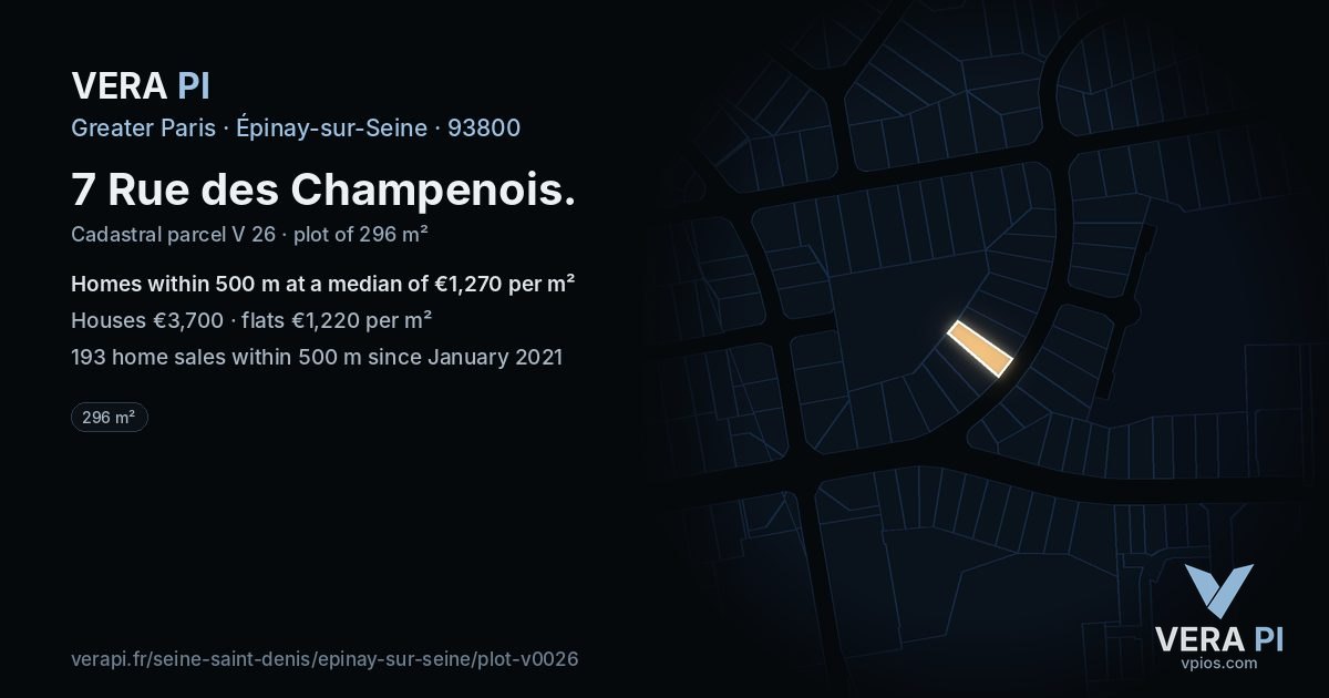 7 Rue des Champenois, Épinay-sur-Seine at night – the plot lit, the parcels around coloured by the prices near them