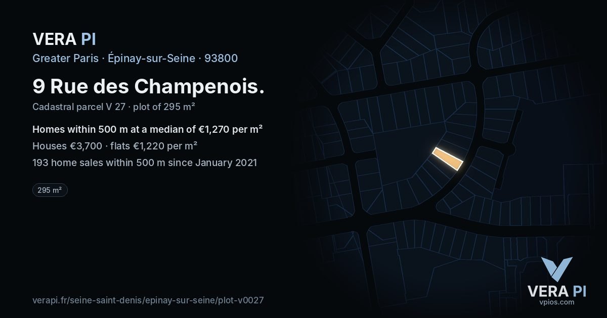 9 Rue des Champenois, Épinay-sur-Seine at night – the plot lit, the parcels around coloured by the prices near them