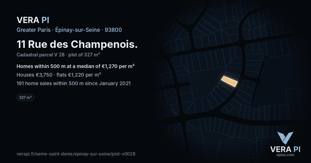11 Rue des Champenois, Épinay-sur-Seine at night – the plot lit, the parcels around coloured by the prices near them