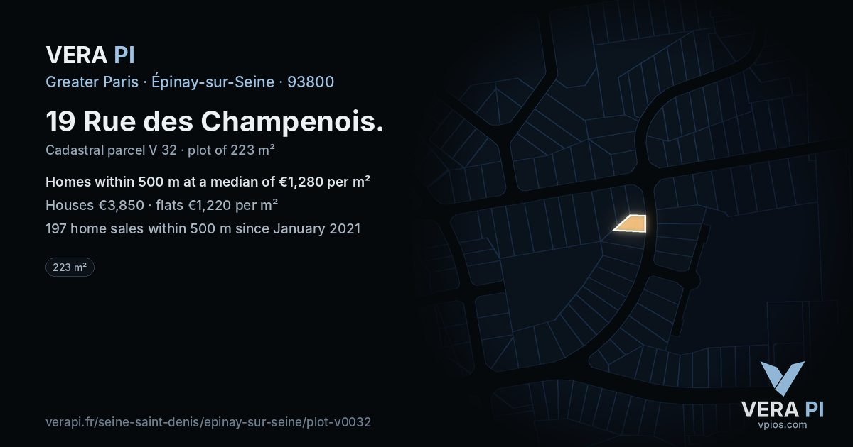 19 Rue des Champenois, Épinay-sur-Seine at night – the plot lit, the parcels around coloured by the prices near them