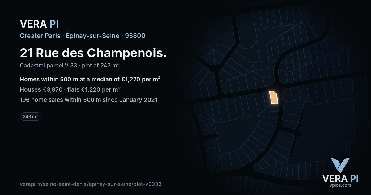21 Rue des Champenois, Épinay-sur-Seine at night – the plot lit, the parcels around coloured by the prices near them