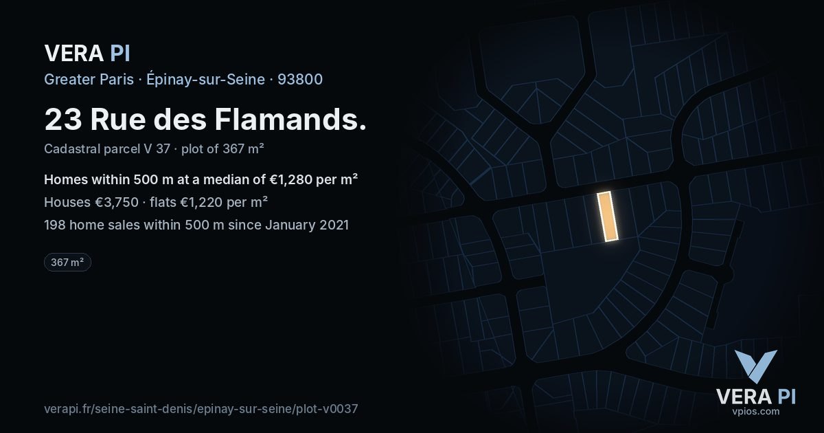 23 Rue des Flamands, Épinay-sur-Seine at night – the plot lit, the parcels around coloured by the prices near them